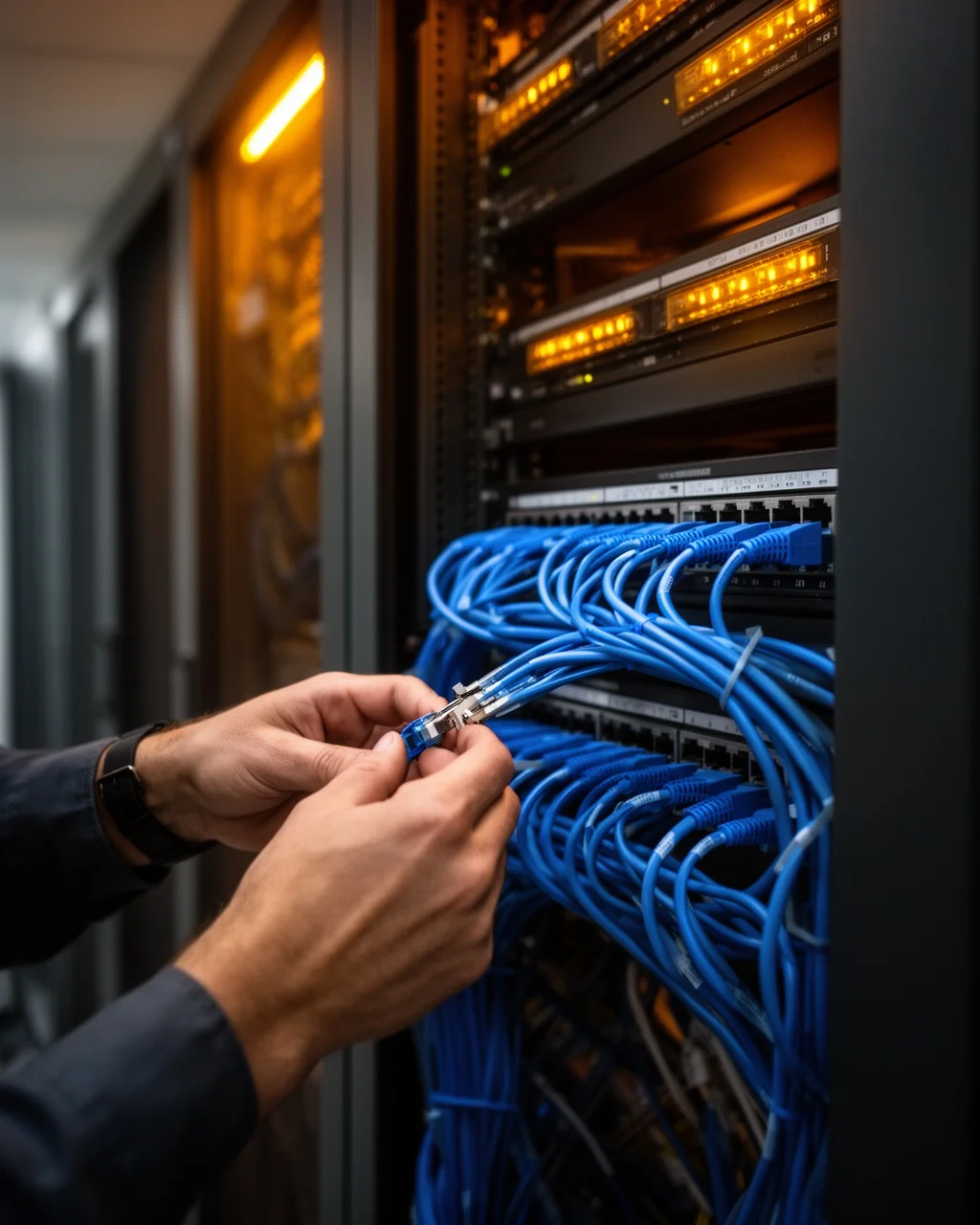 Network engineer working at a structured cabling rack in a modern server room