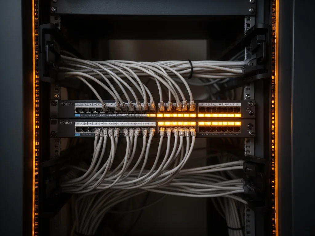Structured network cabling with labeled patch panels in a clean server rack
