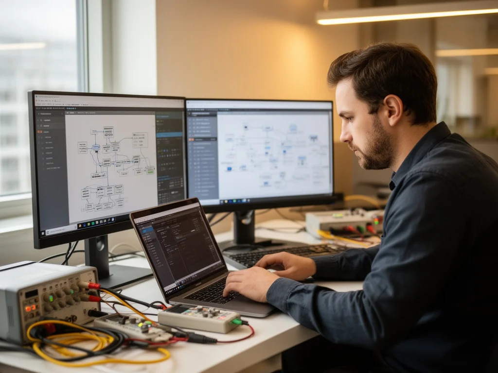 IT support engineer working at a desk with diagnostic tools and a laptop